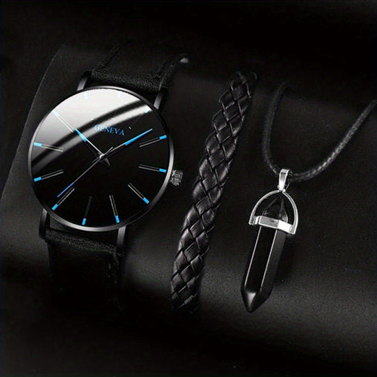 Luxury Leather Quartz Wristwatch & Bracelet Set