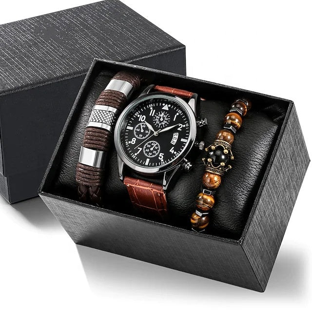 Signature Quartz Leather Watch & Bracelet Set