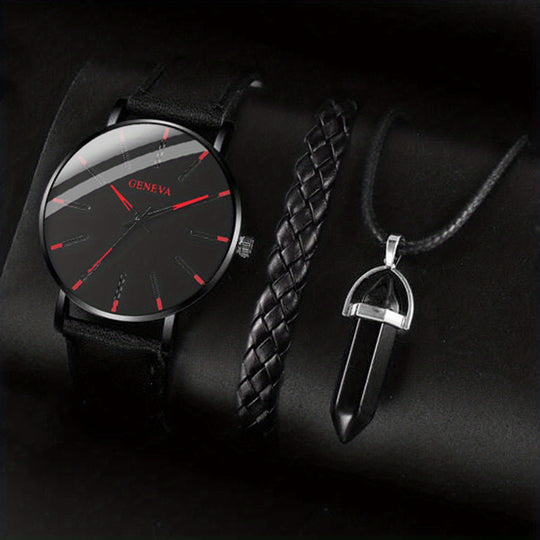 Luxury Leather Quartz Wristwatch & Bracelet Set