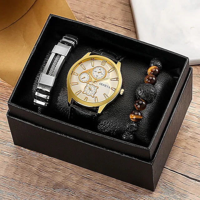Signature Quartz Leather Watch & Bracelet Set
