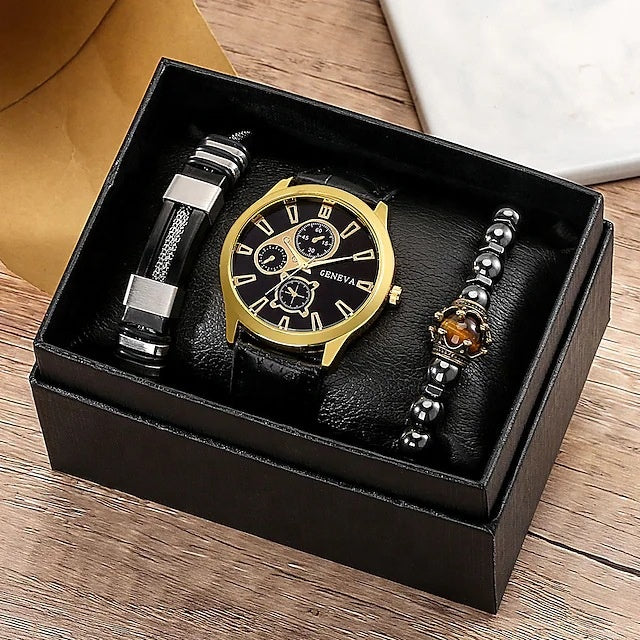 Signature Quartz Leather Watch & Bracelet Set