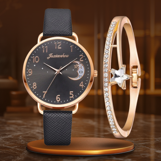 Moon Numbers Dial Watch and Bracelets Set