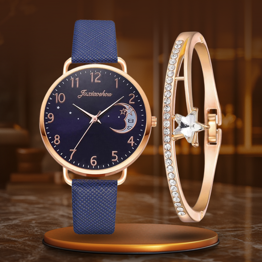 Moon Numbers Dial Watch and Bracelets Set