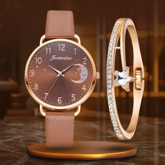 Moon Numbers Dial Watch and Bracelets Set