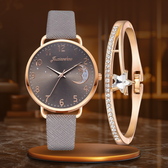 Moon Numbers Dial Watch and Bracelets Set