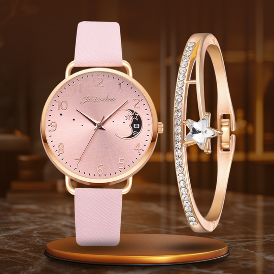 Moon Numbers Dial Watch and Bracelets Set