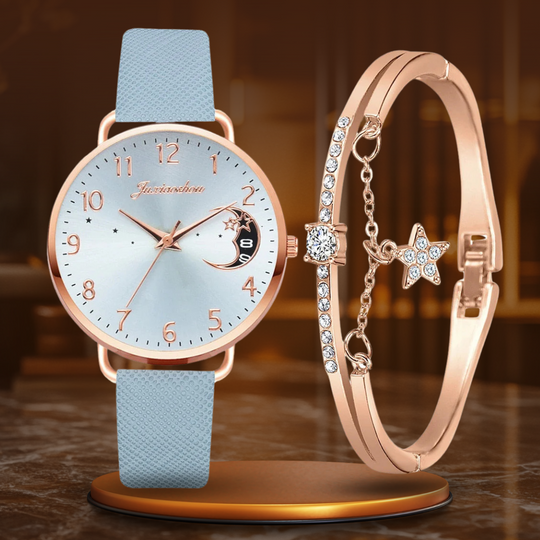 Moon Numbers Dial Watch and Bracelets Set